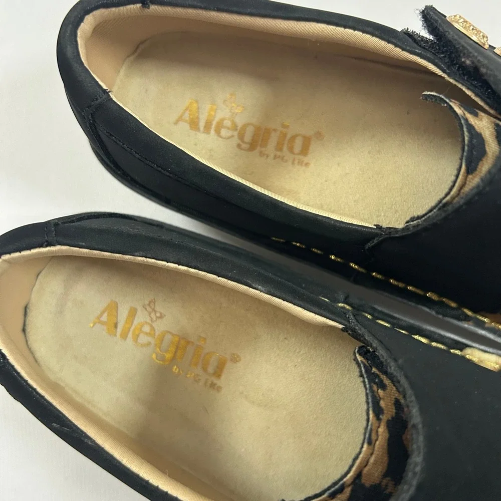 Alegria Loafers Womens 37 / 7 Black Sarah Leopard Animal Print Leather Hook Loop - Picture 5 of 11